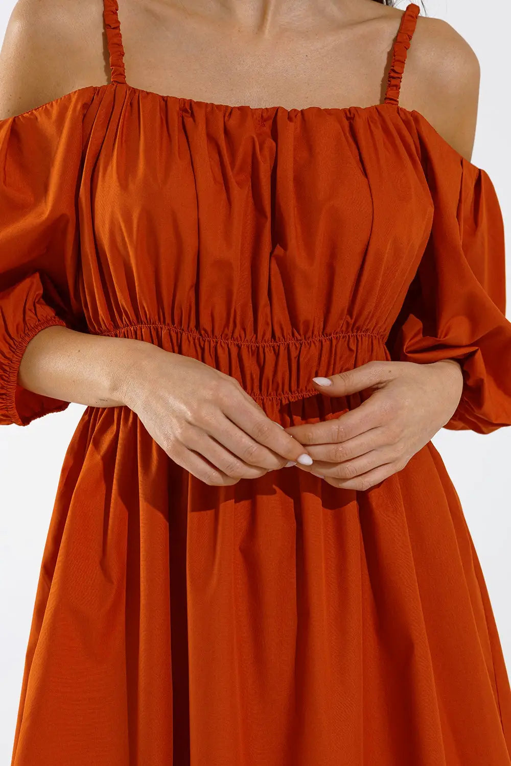 Midi orange dress with short sleeves and straps - Dresses