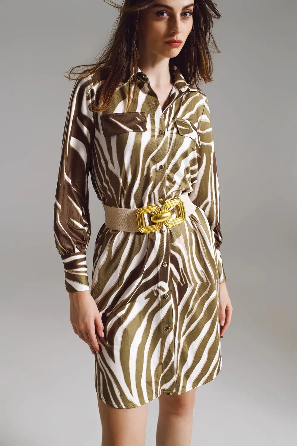 Midi short dress with zebra print in white and olive green - Dresses