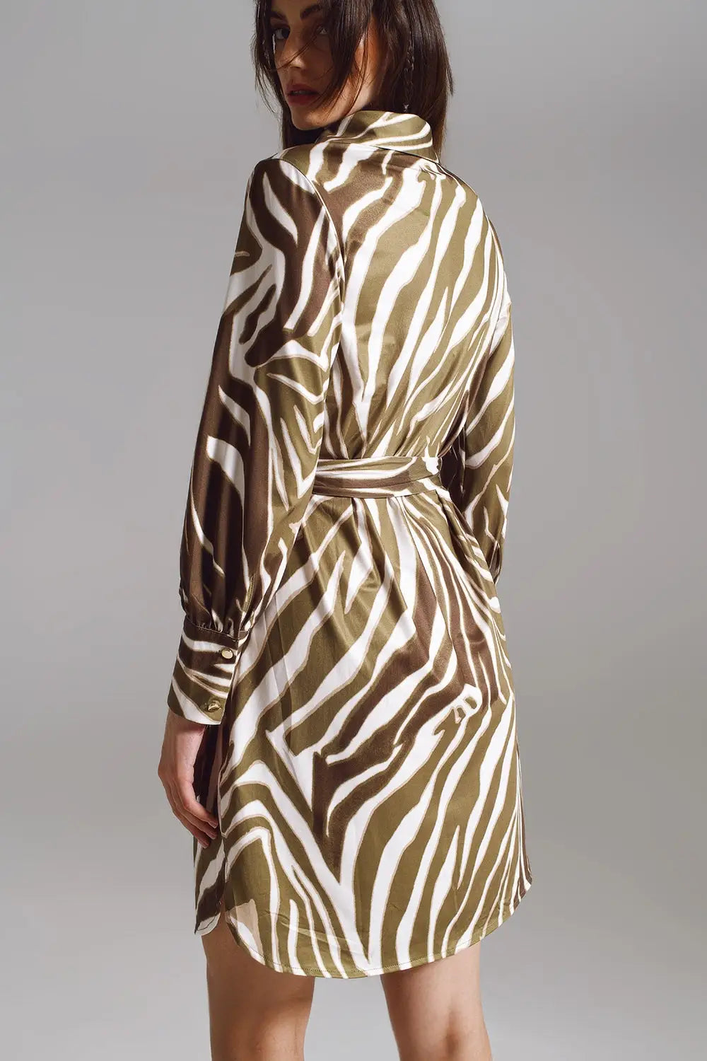 Midi short dress with zebra print in white and olive green - Dresses