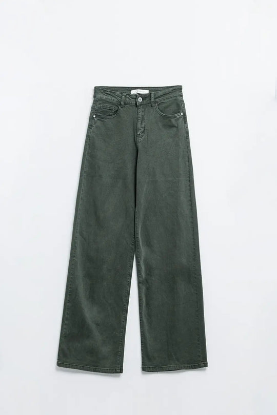 Military green high-waisted wide-leg pants - Bottoms
