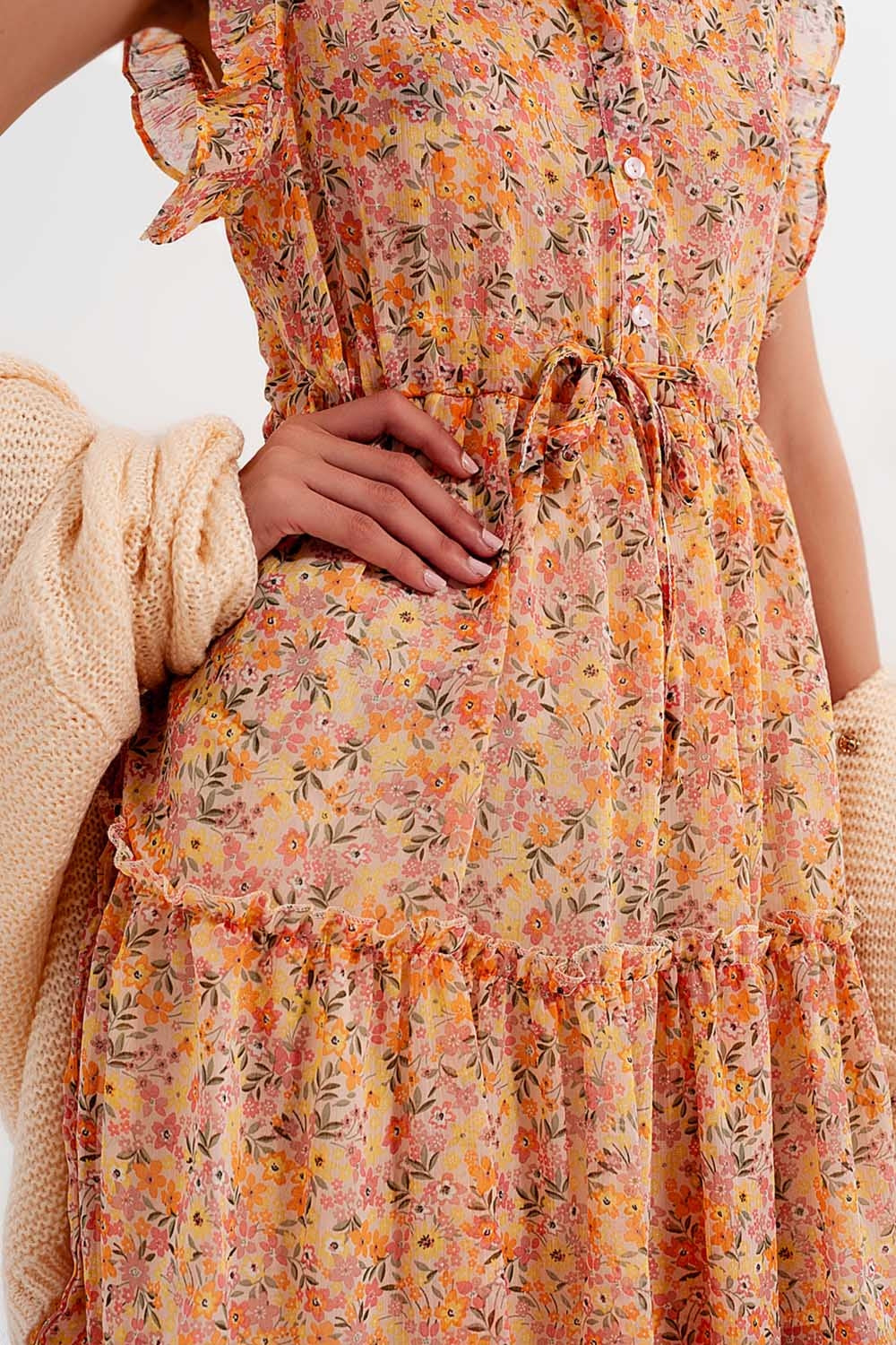 Mini dress with ruffle trims in vintage floral in coral