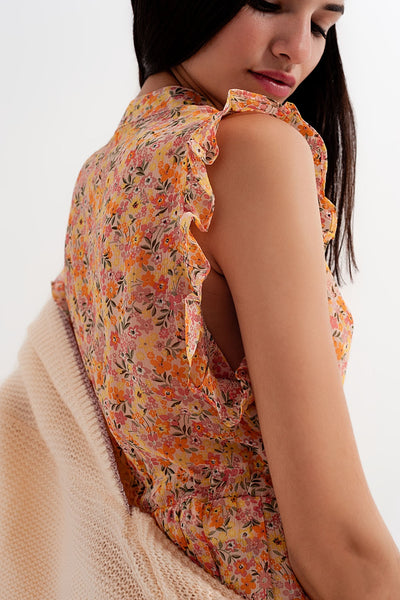 Mini dress with ruffle trims in vintage floral in coral