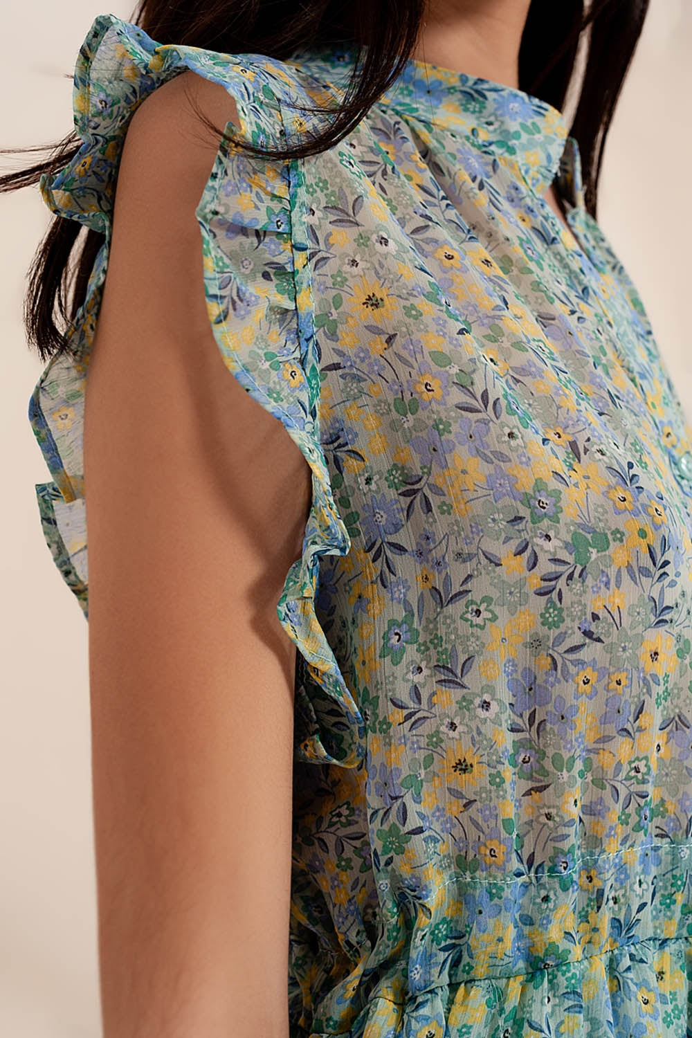 Mini dress with ruffle trims in vintage floral in green