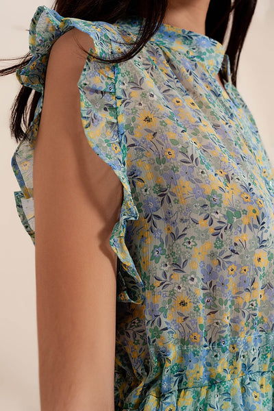 Mini dress with ruffle trims in vintage floral in green
