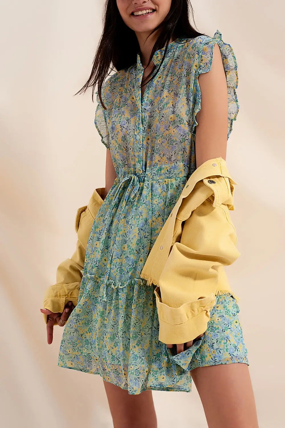 Mini dress with ruffle trims in vintage floral in green - Dresses