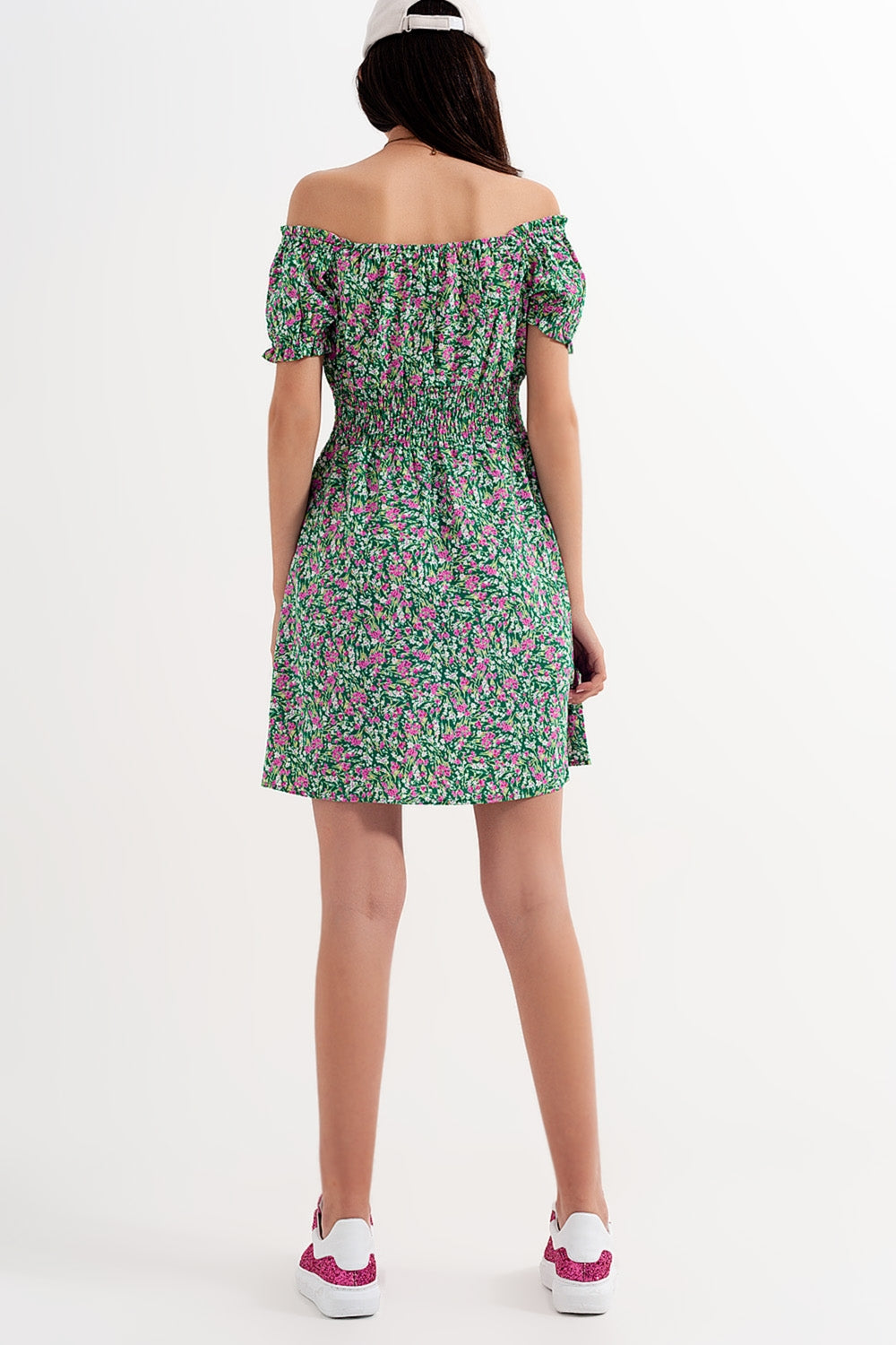 Mini dress with shirred detail in green ditsy floral print