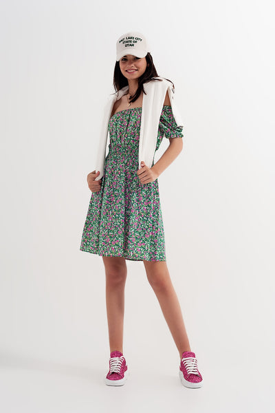 Mini dress with shirred detail in green ditsy floral print