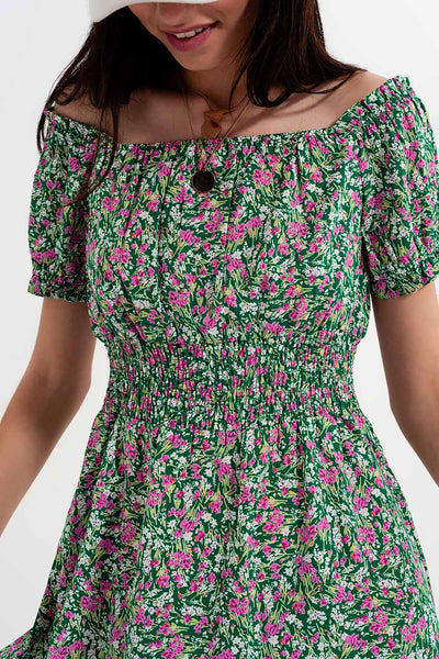 Mini dress with shirred detail in green ditsy floral print