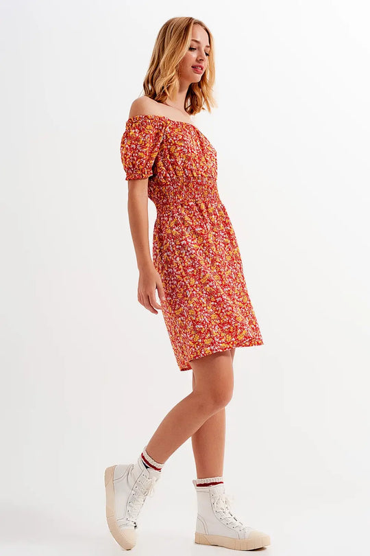 Mini dress with shirred detail in red ditsy floral print - Dresses