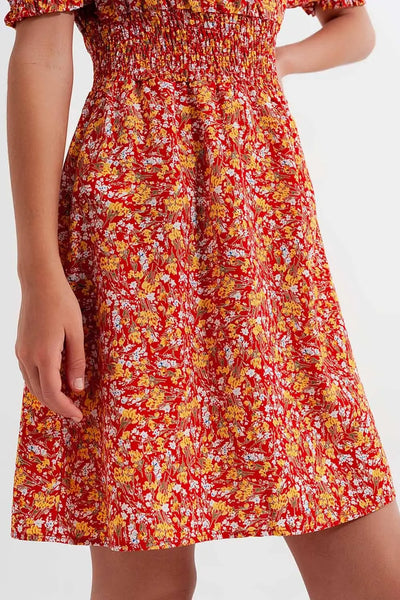 Mini dress with shirred detail in red ditsy floral print - Dresses