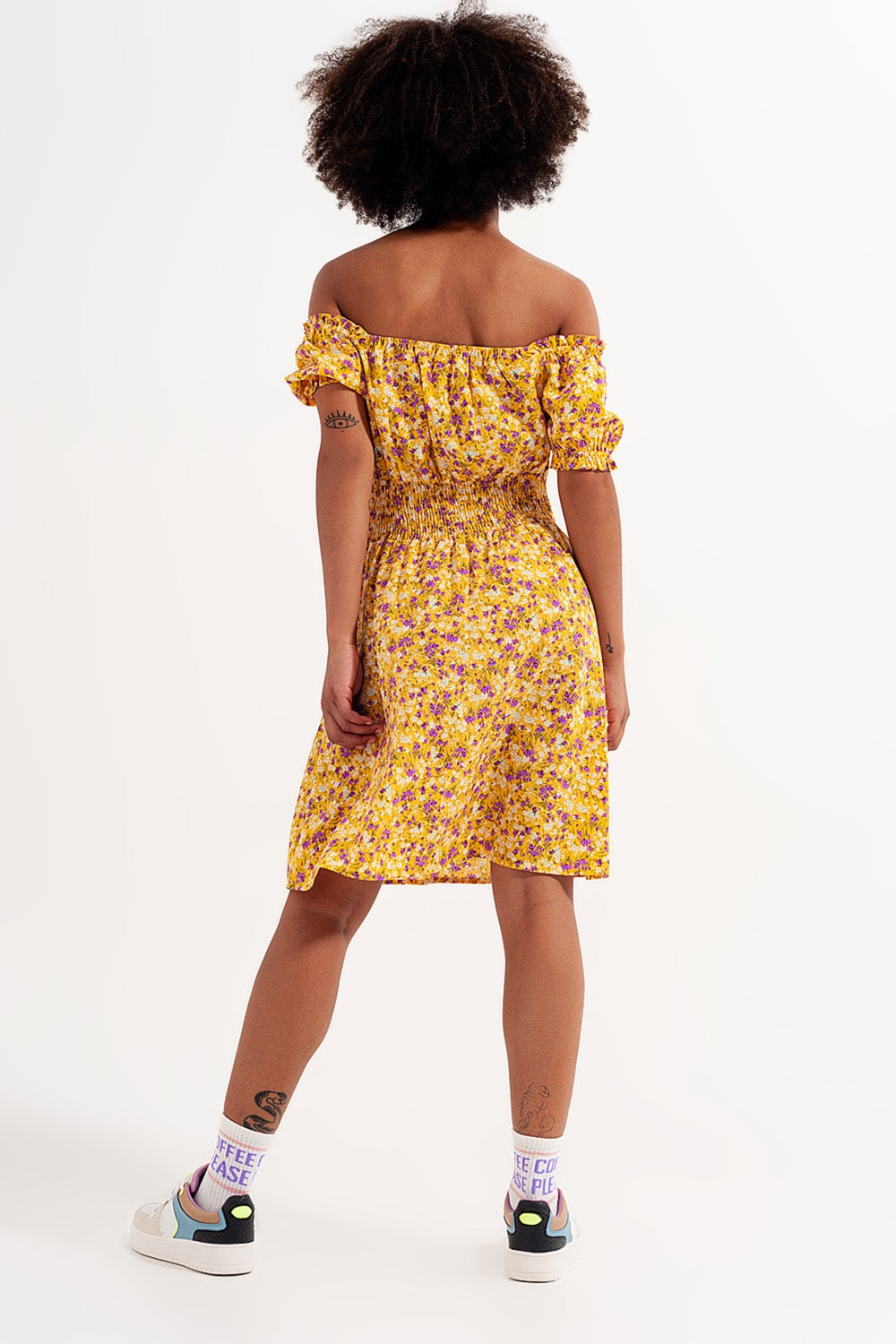 Mini dress with shirred detail in yellow ditsy floral print