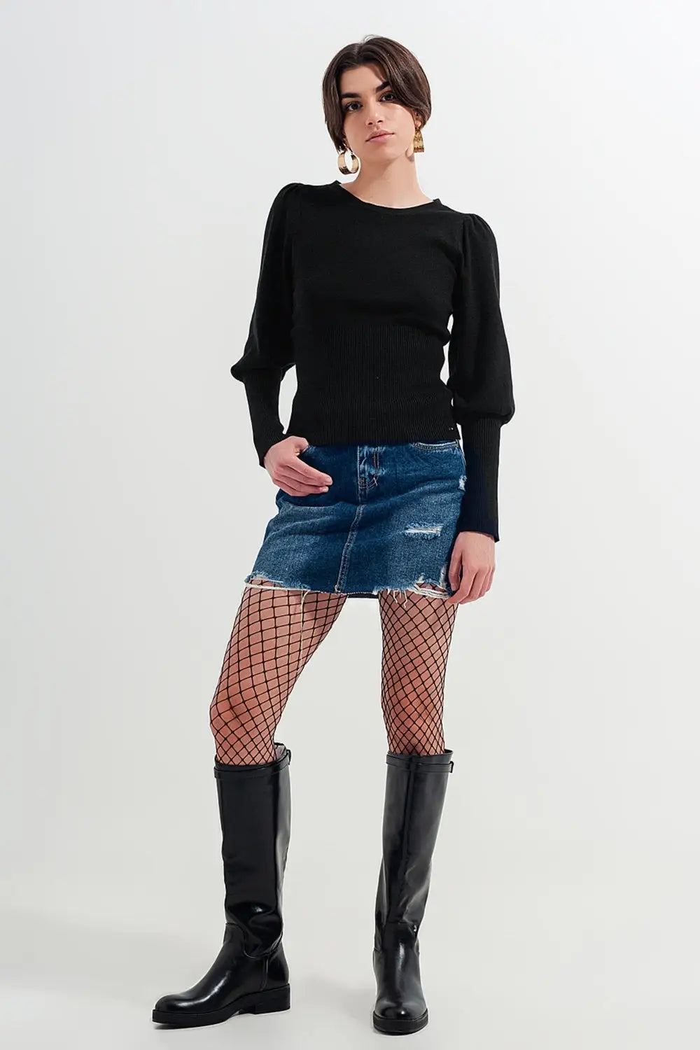 Mini jupe en denim taille haute avec des déchirures moyennement délavées - Jupes