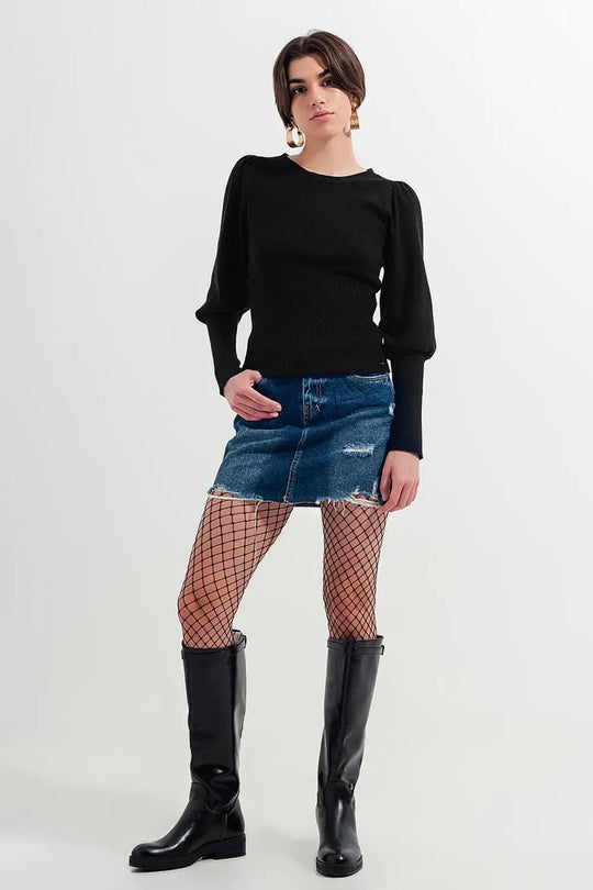 Mini jupe en denim taille haute avec des déchirures moyennement délavées - Jupes