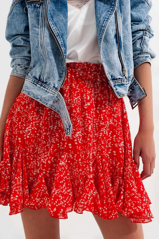 Mini-jupe fluide à imprimé floral rouge - Jupes