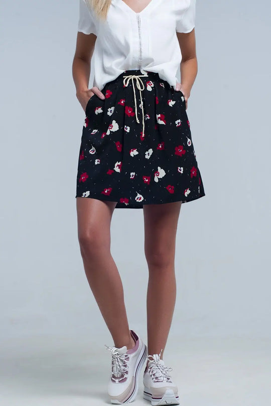 Mini jupe noire à motif floral - Jupes