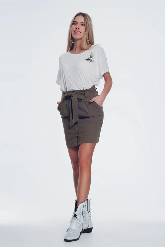 Mini khaki skirt with front buttons - Skirts