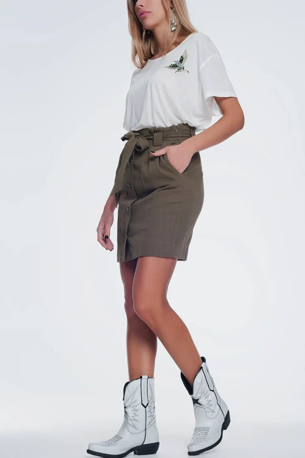 Mini khaki skirt with front buttons - Skirts