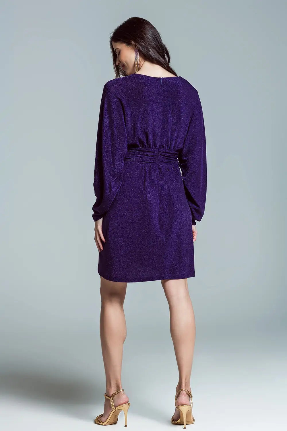 Mini length glitter dress with deep V neck in purple - Dresses