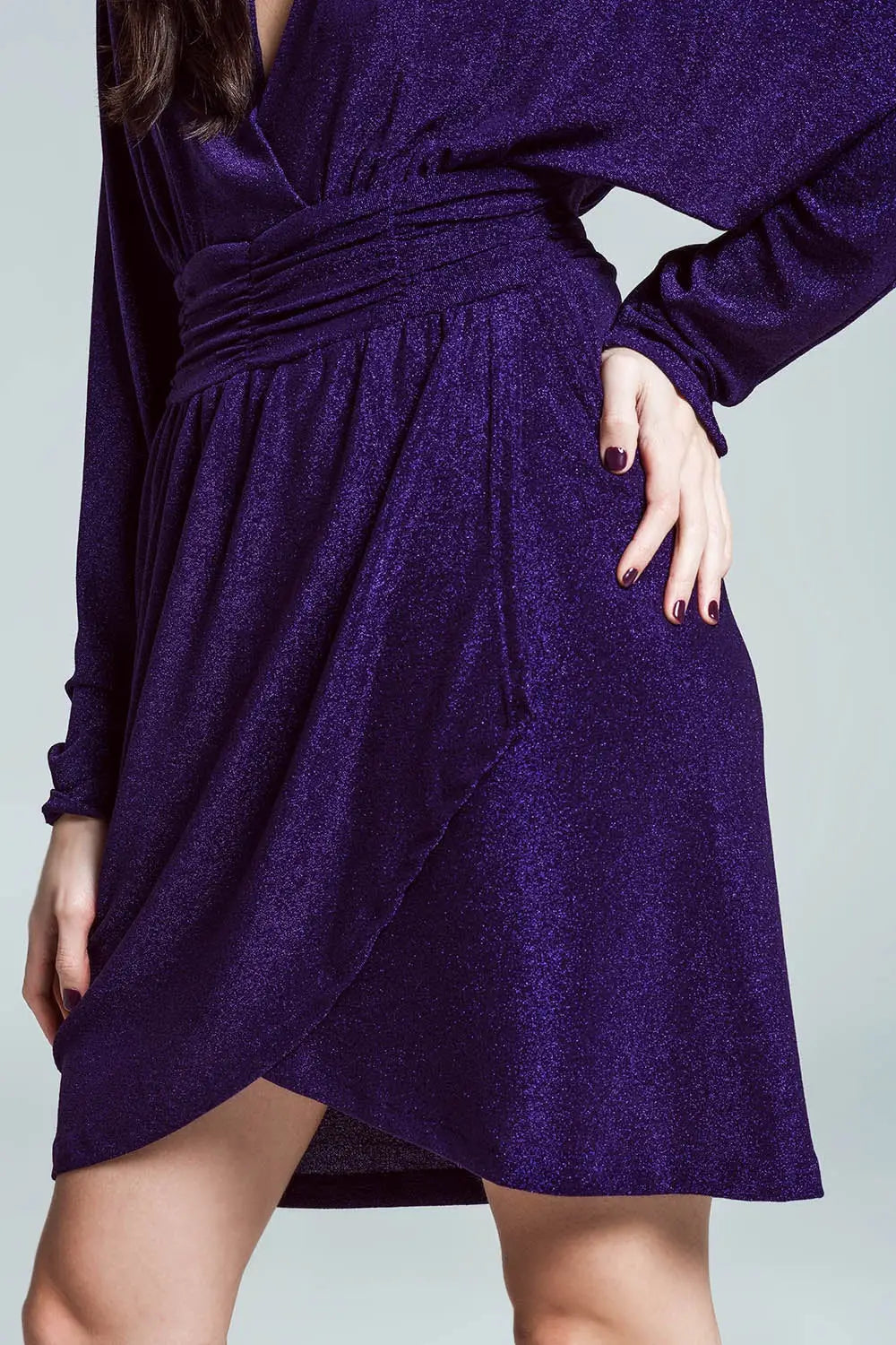 Mini length glitter dress with deep V neck in purple - Dresses