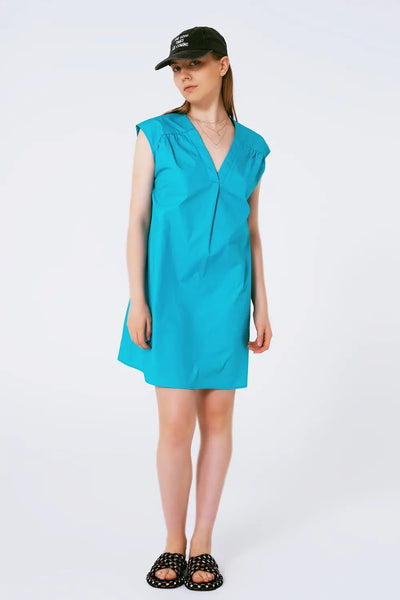 Mini Poplin Sleevless Dress in Turquoise - Dresses