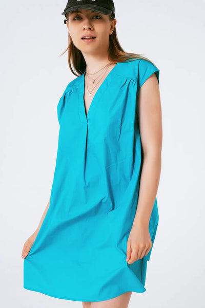 Mini Poplin Sleevless Dress in Turquoise - Dresses