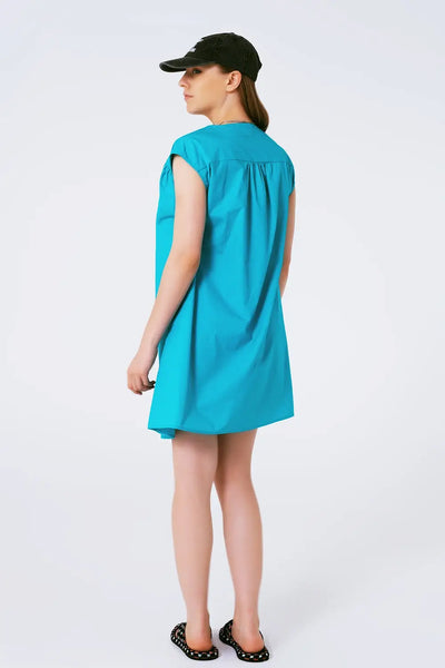 Mini Poplin Sleevless Dress in Turquoise - Dresses
