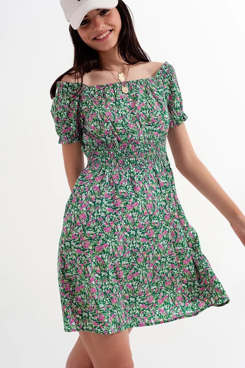 Mini robe avec détail froncé en imprimé floral vert - Vestidos