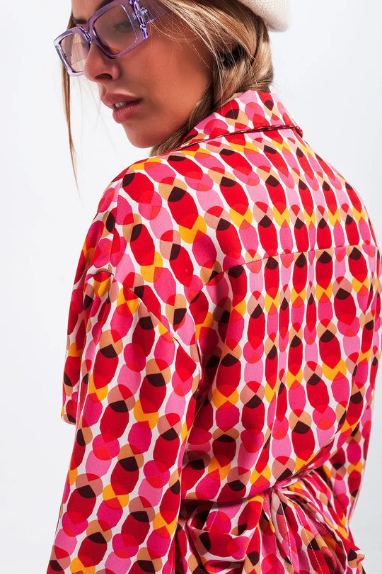 Mini robe boutonnée sur le devant à taille nouée et imprimé rouge - Vestidos