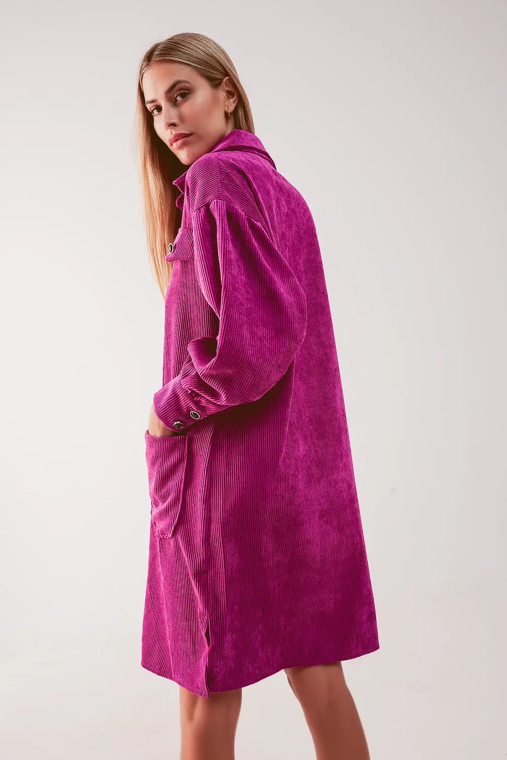 Mini robe chemise en velours côtelé fuchsia - Vestidos