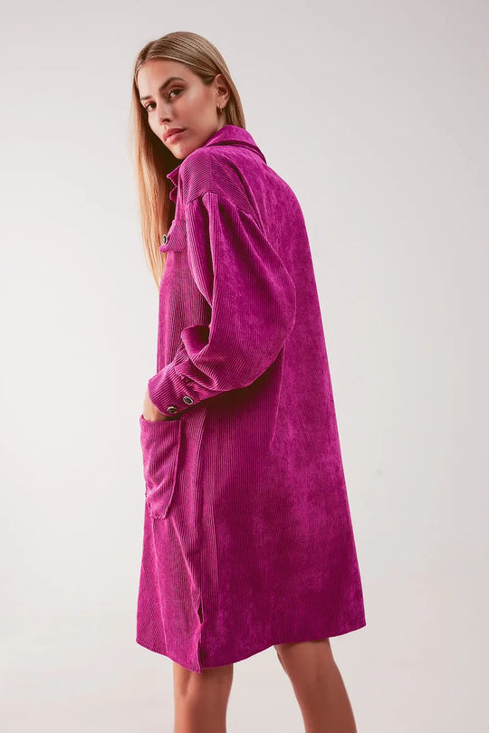 Mini robe chemise en velours côtelé fuchsia - Vestidos
