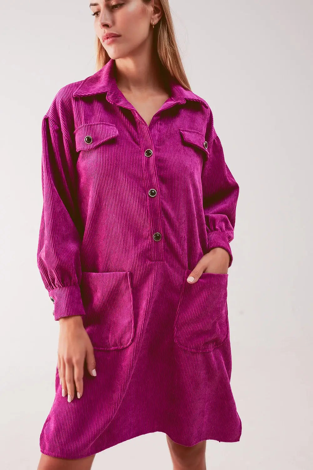 Mini robe chemise en velours côtelé fuchsia - Vestidos