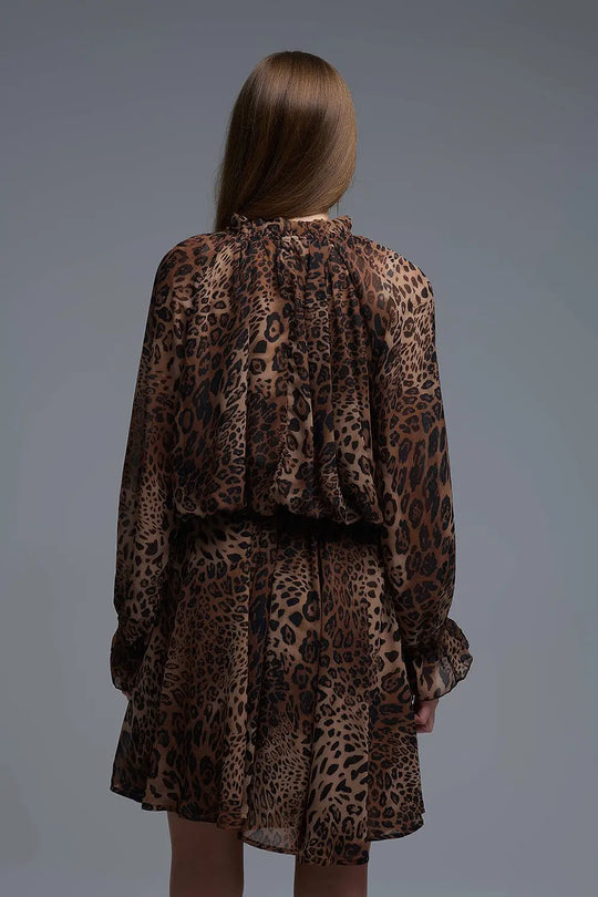 Mini robe en mousseline imprimée léopard avec volants - Vestidos