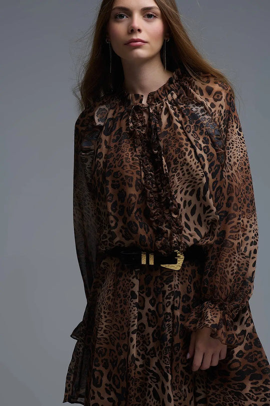 Mini robe en mousseline imprimée léopard avec volants - Vestidos