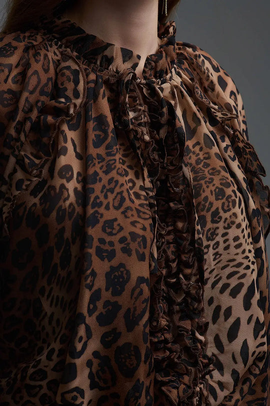 Mini robe en mousseline imprimée léopard avec volants - Vestidos