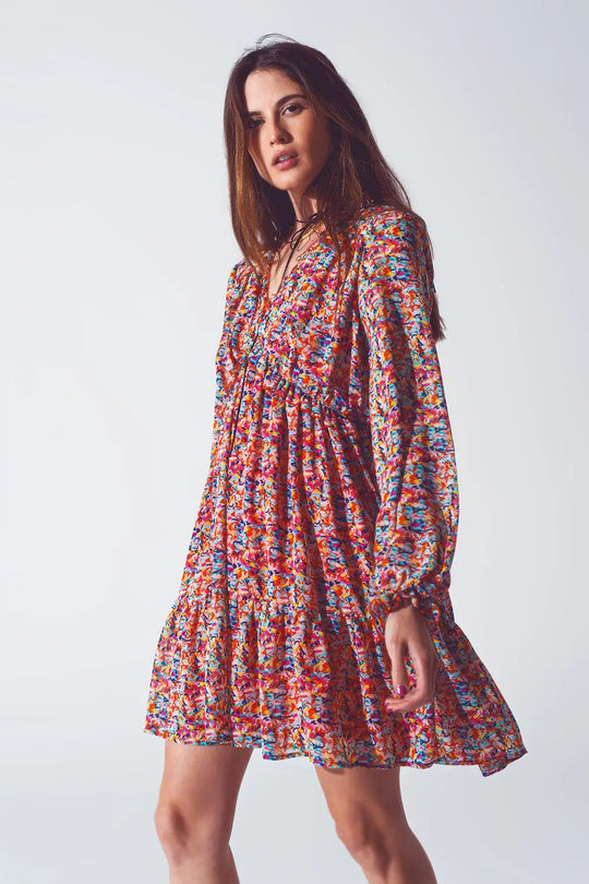 Mini robe fleurie à col en V en multicolore - Vestidos