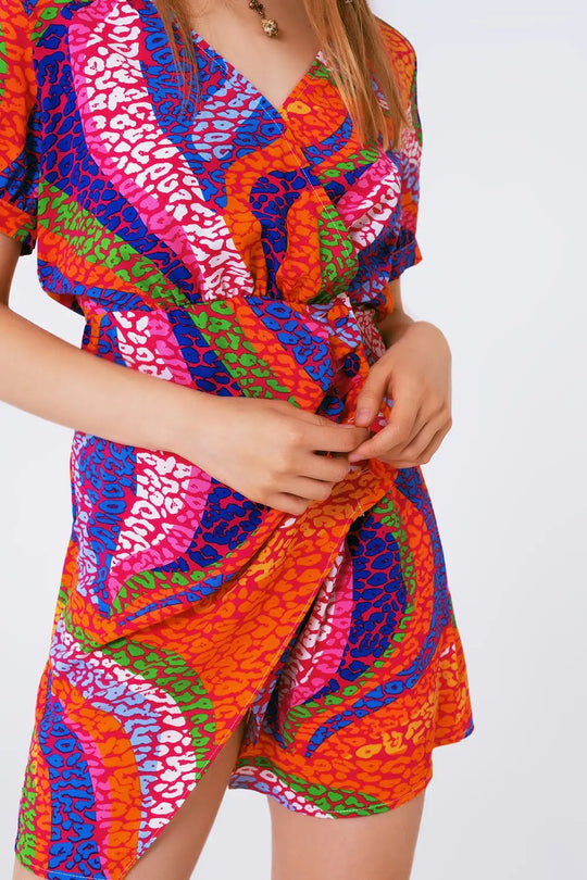 mini-robe portefeuille imprimée multicolore rose - Vestidos