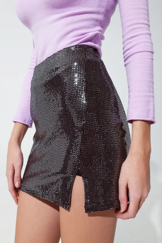 mini skirt with glitter and slit in silver - Skirts