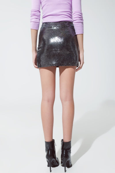 mini skirt with glitter and slit in silver