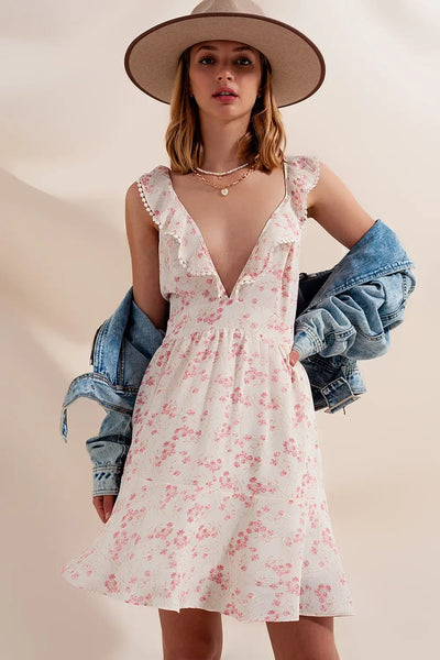 Mini swing dress with plunge neck in pink floral - Dresses