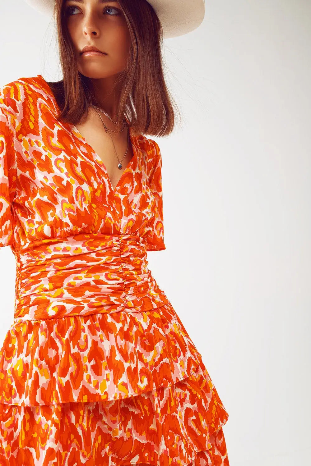Mini V Neck Dress in Floral Orange Print - Dresses