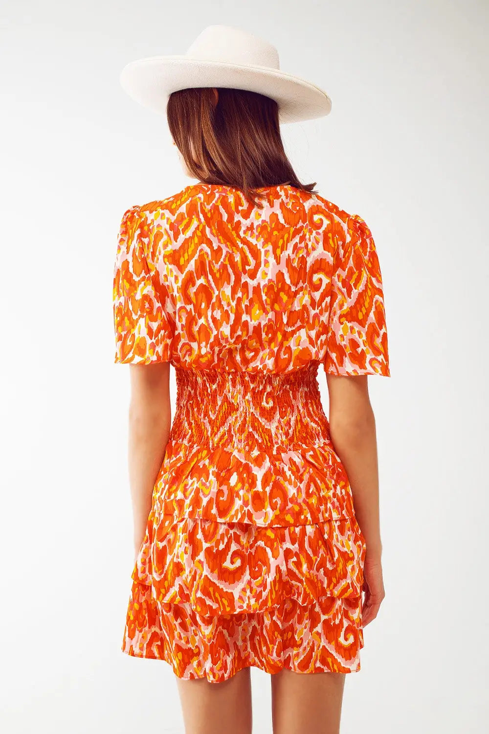 Mini V Neck Dress in Floral Orange Print - Dresses
