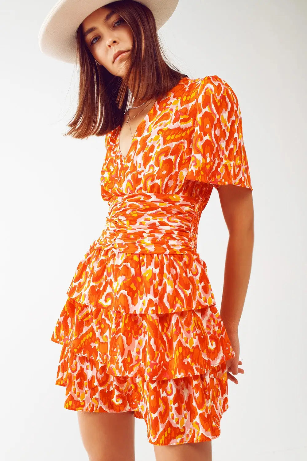Mini V Neck Dress in Floral Orange Print - Dresses