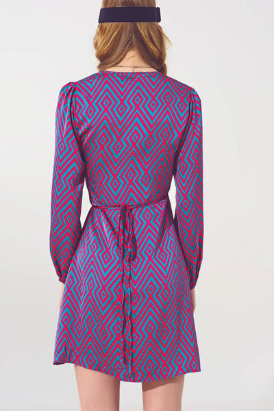 Mini V Neck Wrap Dress with Geometric Print - Dresses