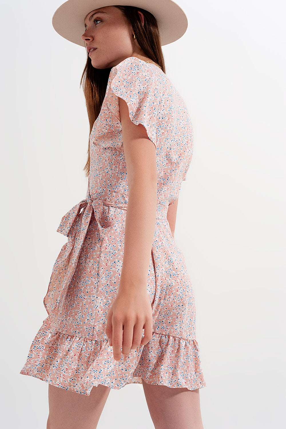 Mini wrap dress with frill hem in pink print