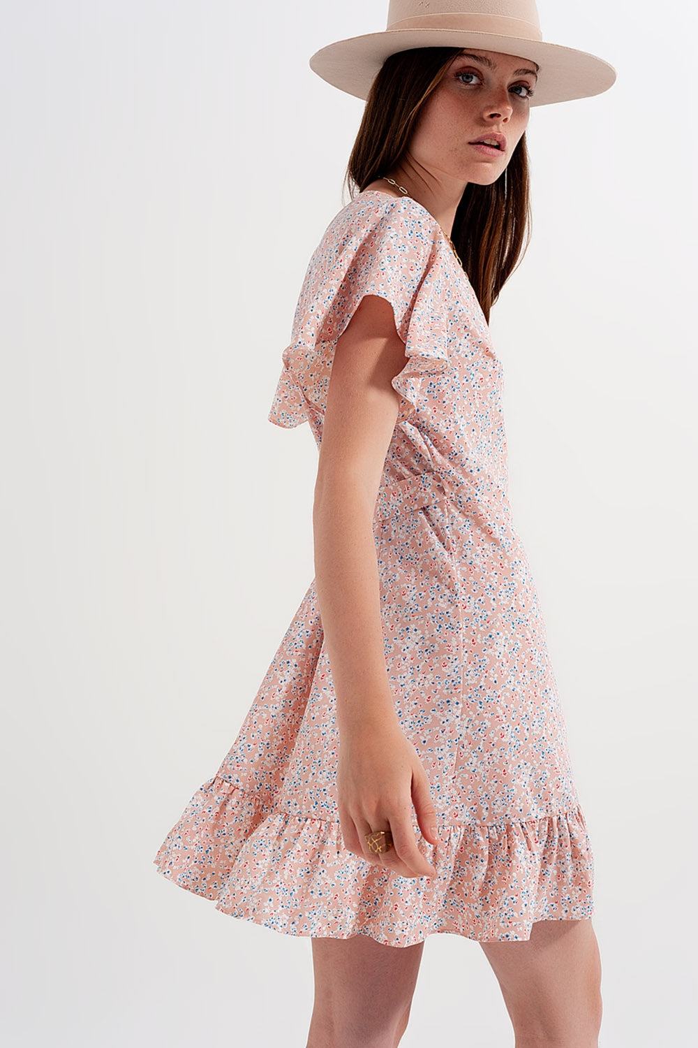 Mini wrap dress with frill hem in pink print