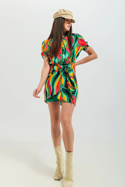 Mini wrap shirt dress in green swirl print - Dresses