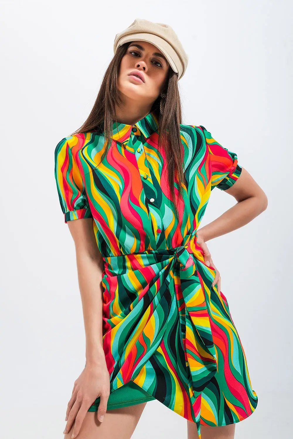Mini wrap shirt dress in green swirl print - Dresses