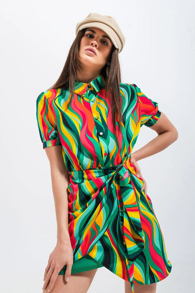 Mini wrap shirt dress in green swirl print - Dresses