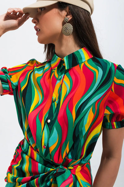 Mini wrap shirt dress in green swirl print - Dresses