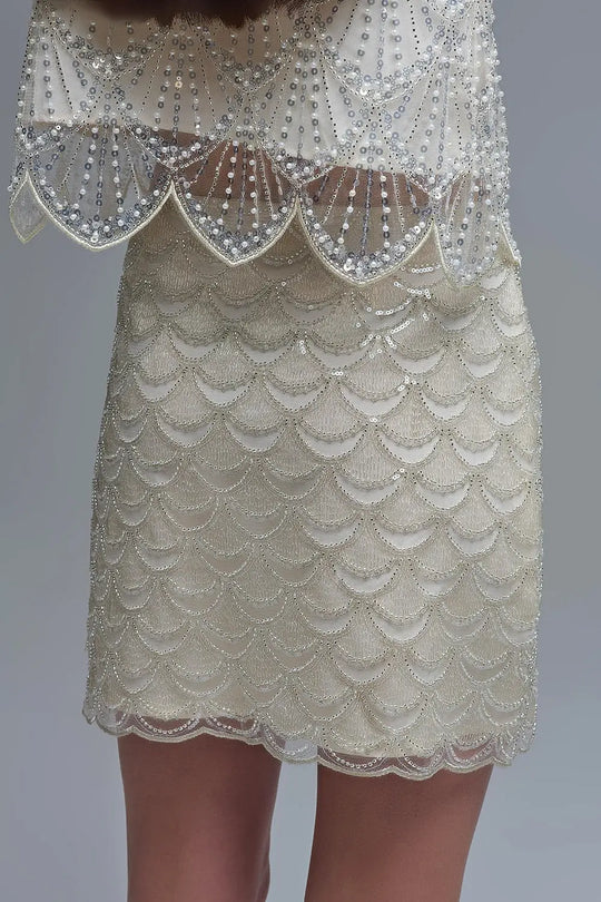 Minijupe à paillettes festonnées crème - Jupes